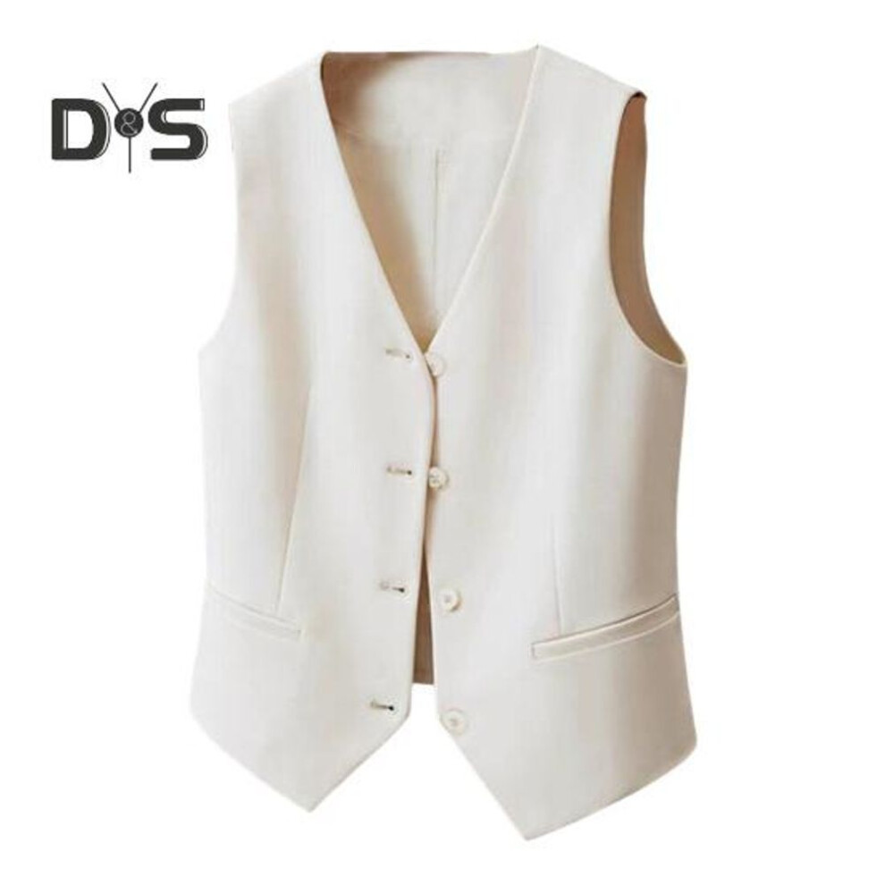 (beige, XL) Women Vest Single-breasted Solid Color Sleeveless V Neck Slim Fit Formal Business Style Cardigan Retro Office Wedding Banquet Waistcoat