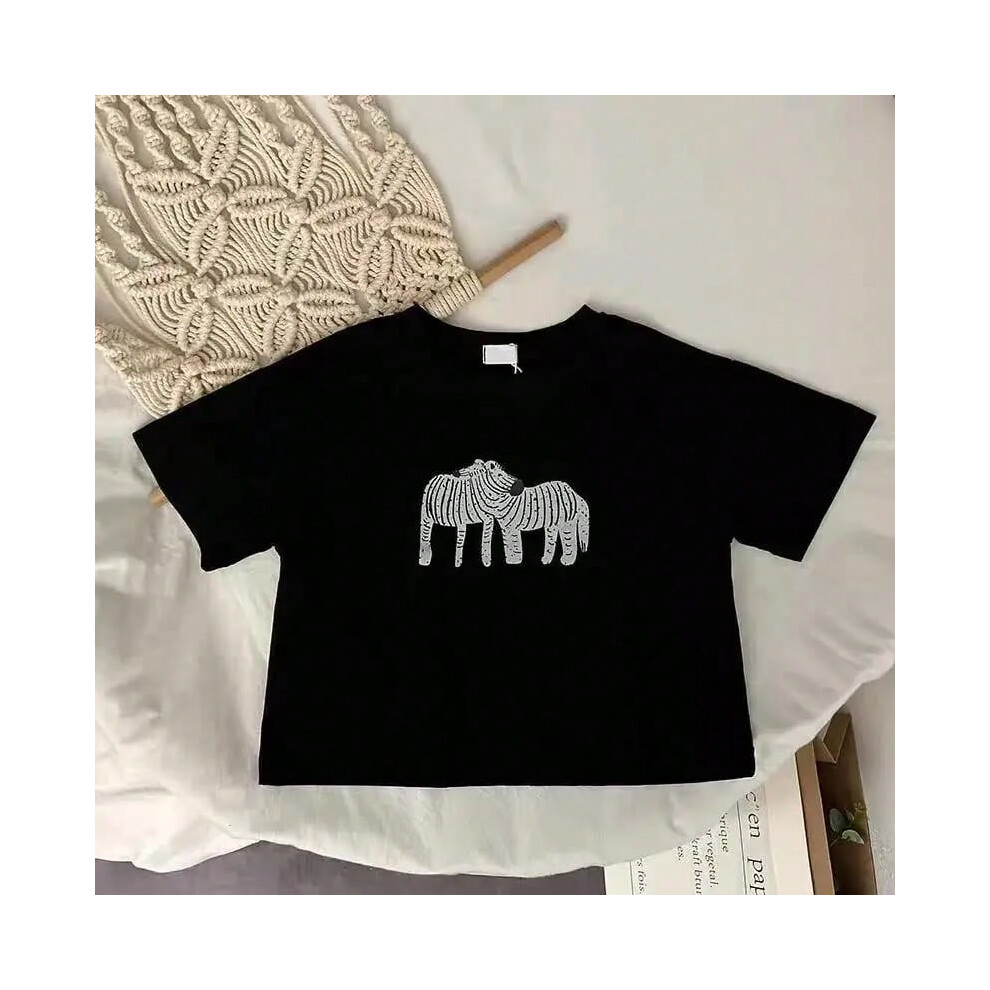 (black, 9M) Animal Pattern Baby Boys Girls Short Sleeve Tops Kids Tees Summer Clothing Loose Fashion Trendy Children's Wear T-shirt O-neck