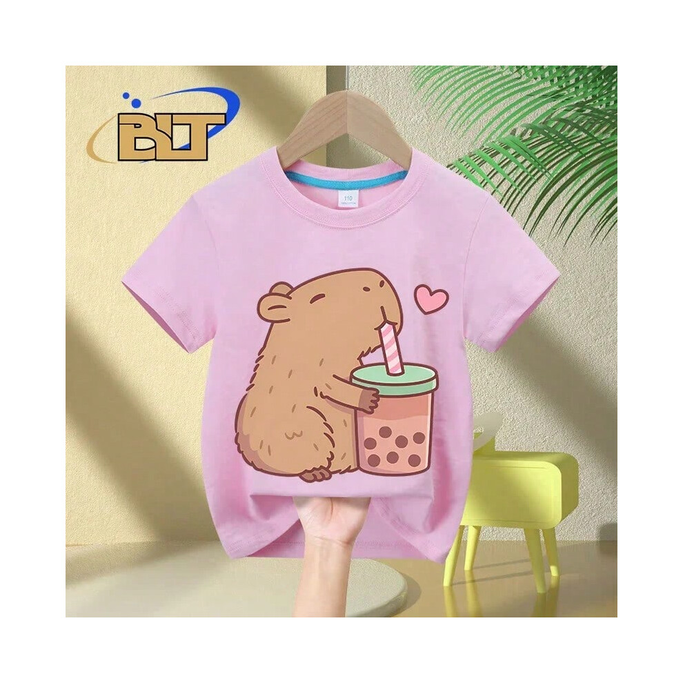 (TZ752-pink, 2XL 120-130cm) Cute Capybara Loves Bubble Tea print kids T-Shirt summer children's short-sleeved casual tops boys and girls gifts