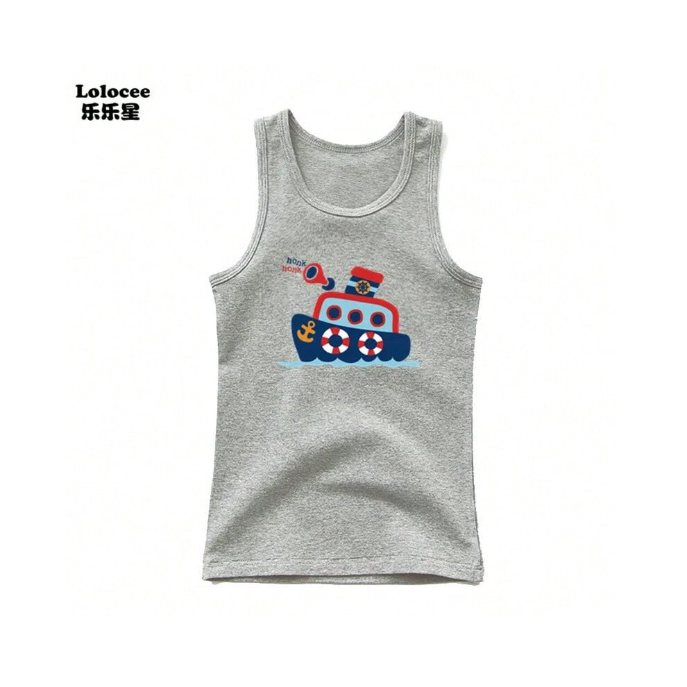 (Grey 1, 14T) Baby Boy Boat Ship Print Sleeveless T Shirt Children Cotton Tank Tops Kids Vest Children Summer Clothes