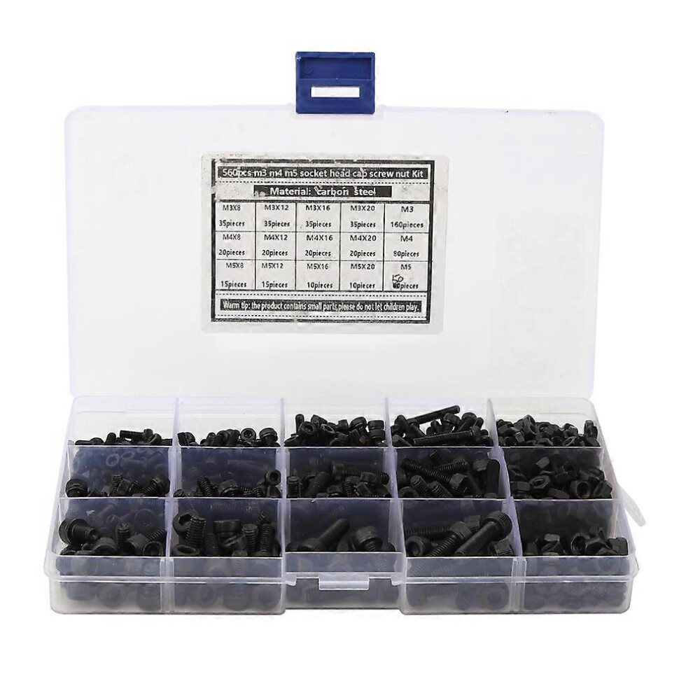 (As Show, One Size) 560Pcs Hex Screw Carbon Steel Cylindrical Head With Nut Corrosion Resistant Fastener M3 M4 M5 6909775998823