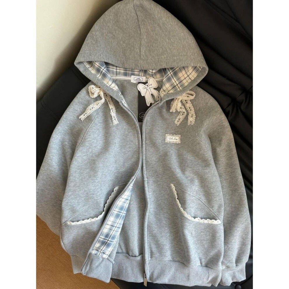 (S, gray) Japanese Style Street 2025 Spring Harajuku Sweatshirts Woman Lace Bow Unique Zipper Hoodies Retro Sweatshirt Women Chic Clothes