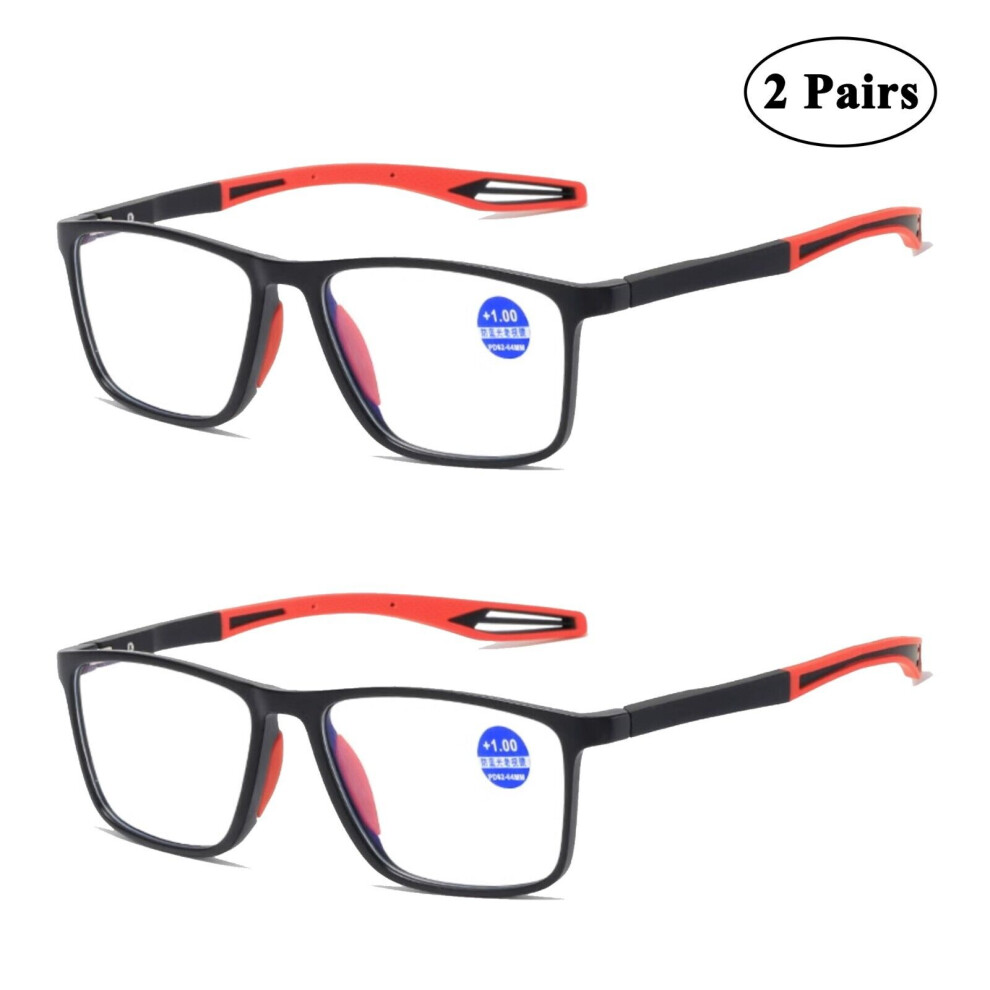 (Black Red, +2.5) 2x Mens Womens Anti-blue Light Square Reading Glasses 1.0 1.5 2.0 2.5 3 3.5 4.0