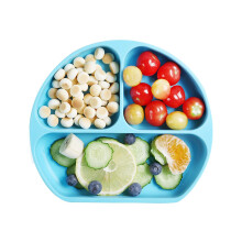 (Blue, One size) Silicone Baby Plates Unbreakable Divided Suction Plate for Rice Fruits Snacks Highchair Camp