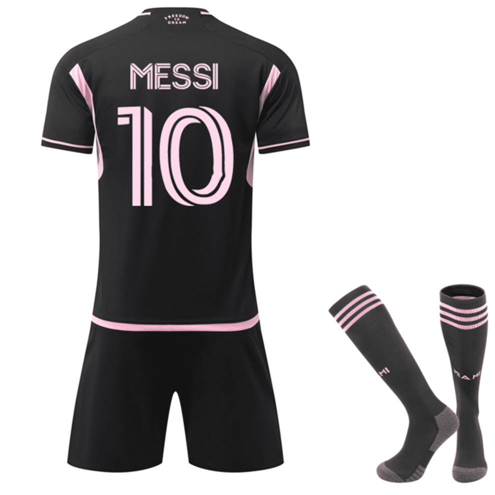 (XL(180-190CM)) 24/25 Miami Away Black Activewear Print #10 MESSI Football Fans Training Shirt Set For Kids And Adult