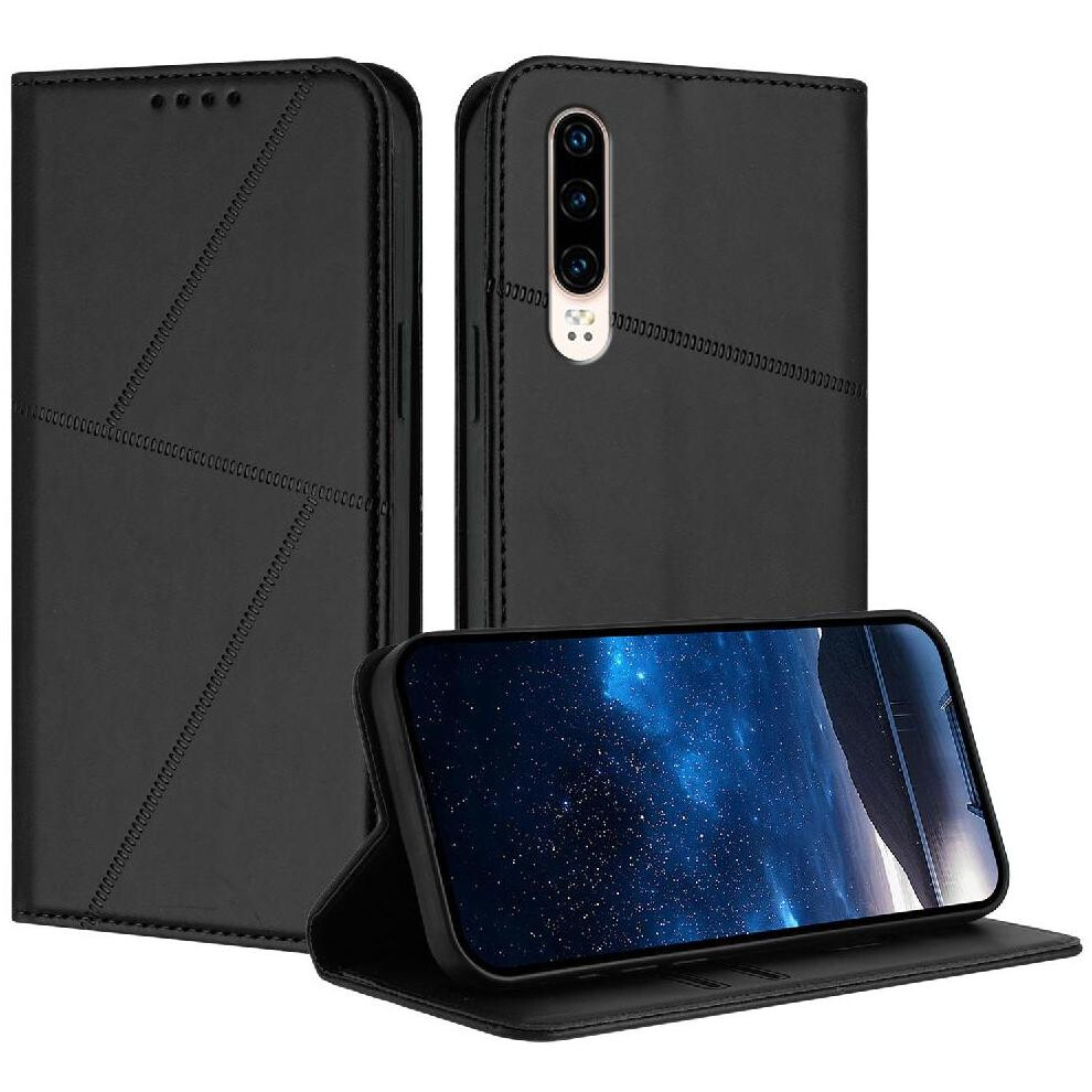 (Black) Case For Huawei P30 With Card Slots And Kickstand Anti-Fingerprint Matte Texture Shockproof Cover Black 764563529681