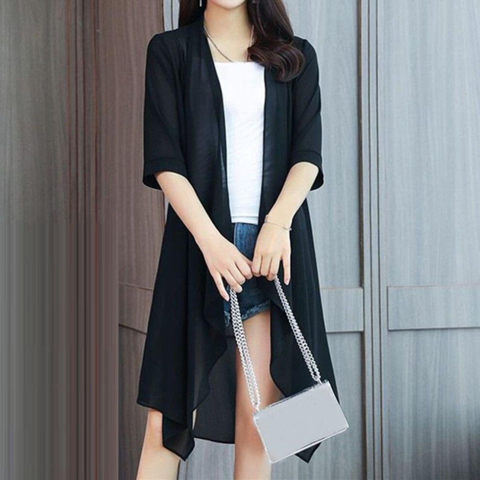 (L, black) Summer Sun Protection Clothing Women Chiffon Cardigan Half Sleeve Blouse Shirts Ladies Shawl Female Tops Women Loose Thin Coats