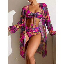 (L, rose red) Sexy Women Beach Bikinis Three Pieces Bikini Set Cover Up Swimwear High Waisted Bikini Set Women Swimwear Print