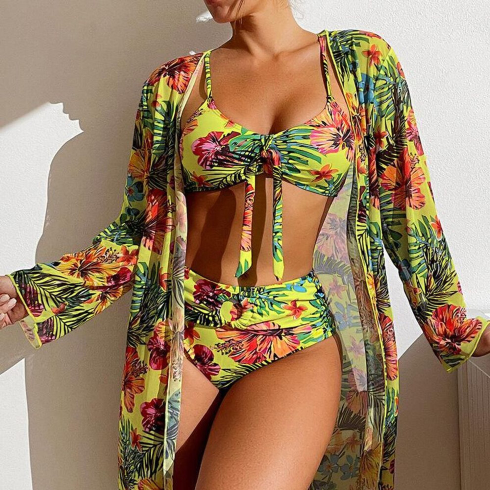 (XXXL, orange) Sexy Women Beach Bikinis Three Pieces Bikini Set Cover Up Swimwear High Waisted Bikini Set Women Swimwear Print