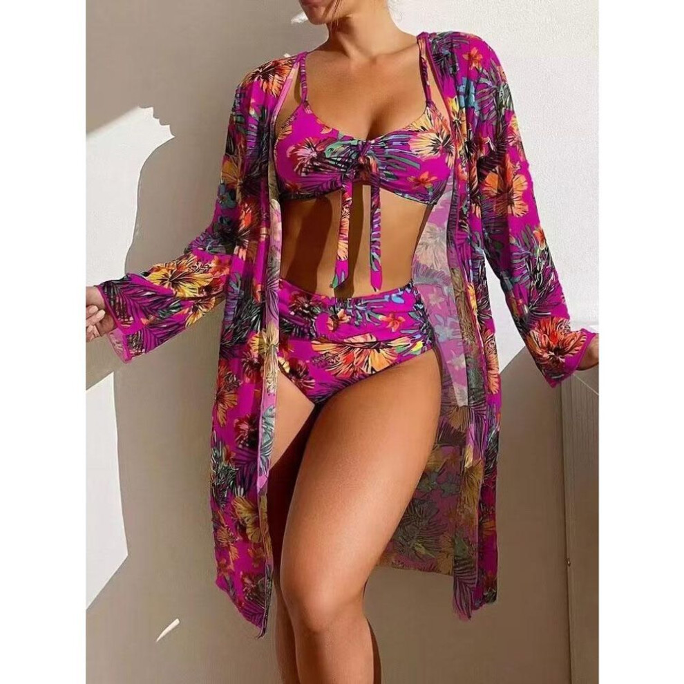 (XS, rose red) Sexy Women Beach Bikinis Three Pieces Bikini Set Cover Up Swimwear High Waisted Bikini Set Women Swimwear Print