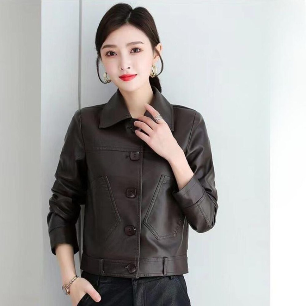 (coffee, M) Women's Leather Jacket  Spring and Autumn Korean Version of PU Leather Jacket Loose Short Motorcycle Leather Jacket