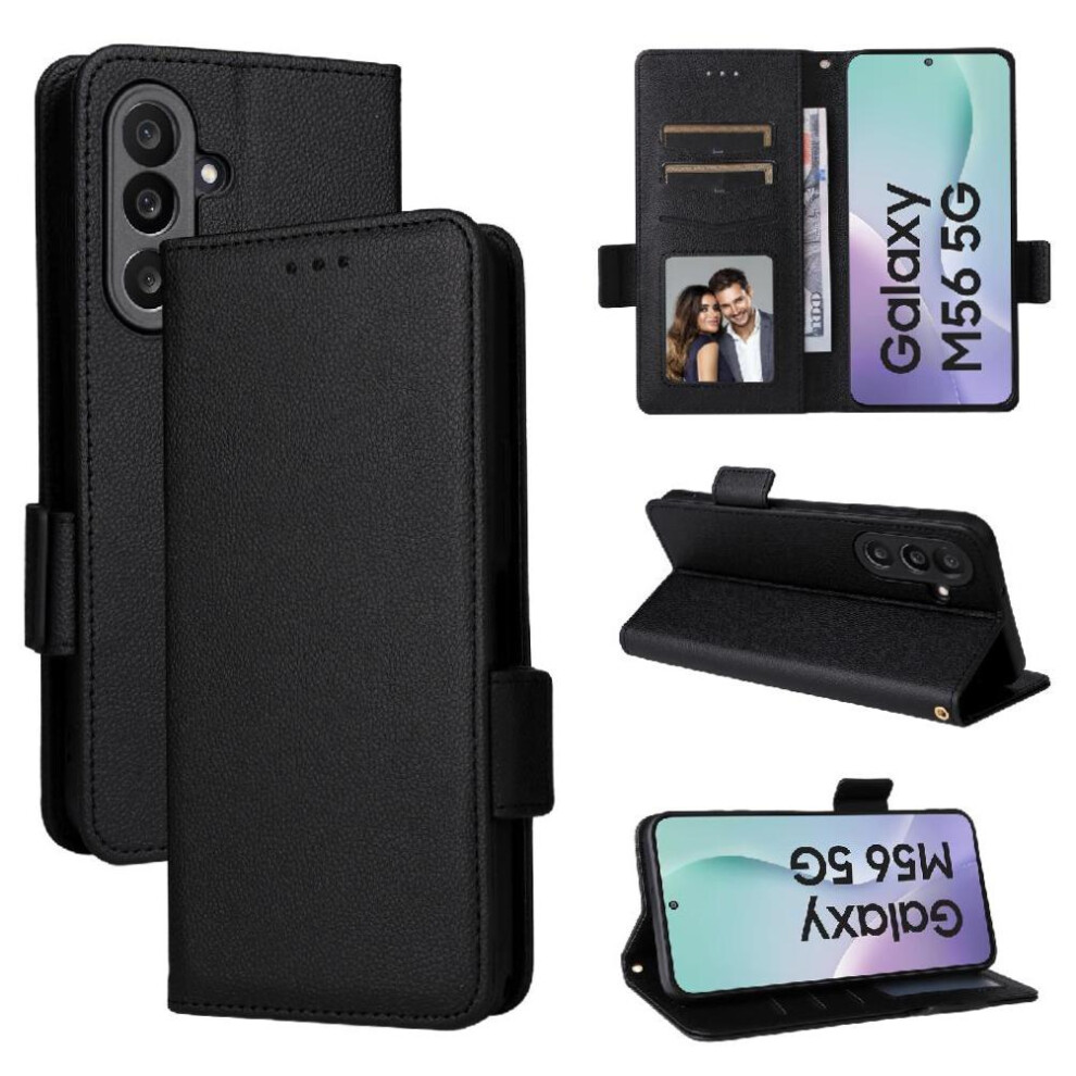 (Black) Flip Case For Samsung Galaxy M56 5G Side Buckle Pu Leather Magnetic Card Slots Holder Wallet Black 764563531370