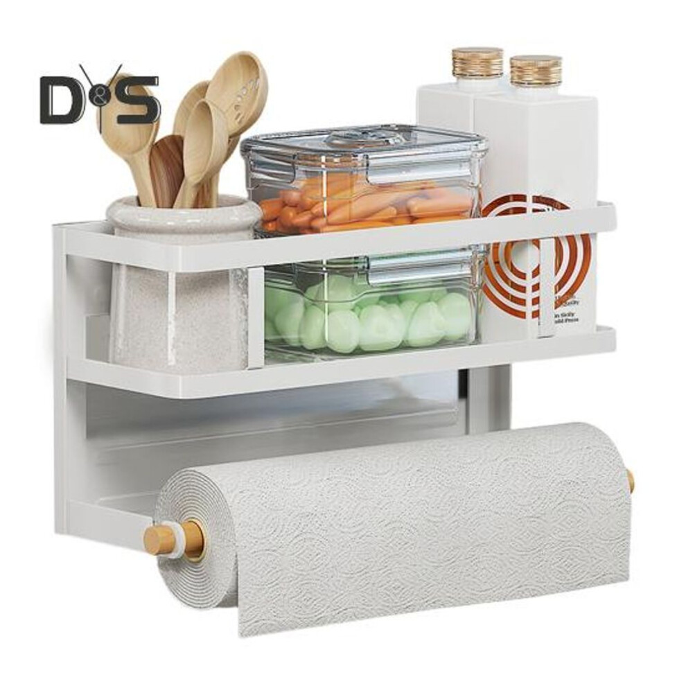(white) Magnetic Storage Rack With Paper Towel Holder Large Capacity Easy To Install Fridge Spice Shelf Kitchen Organizer With Towel Roll Holder