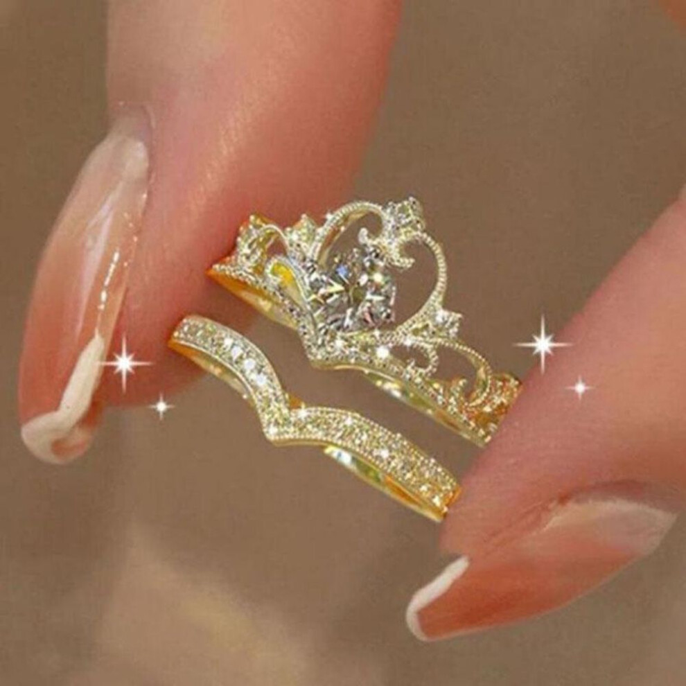 (gold) 2pcs Fairy Sparkling Crown Rings For Women Teen Crystal Korean Adjustable Silvery Anniversary Gift Party Queen Ring Set Jewelry
