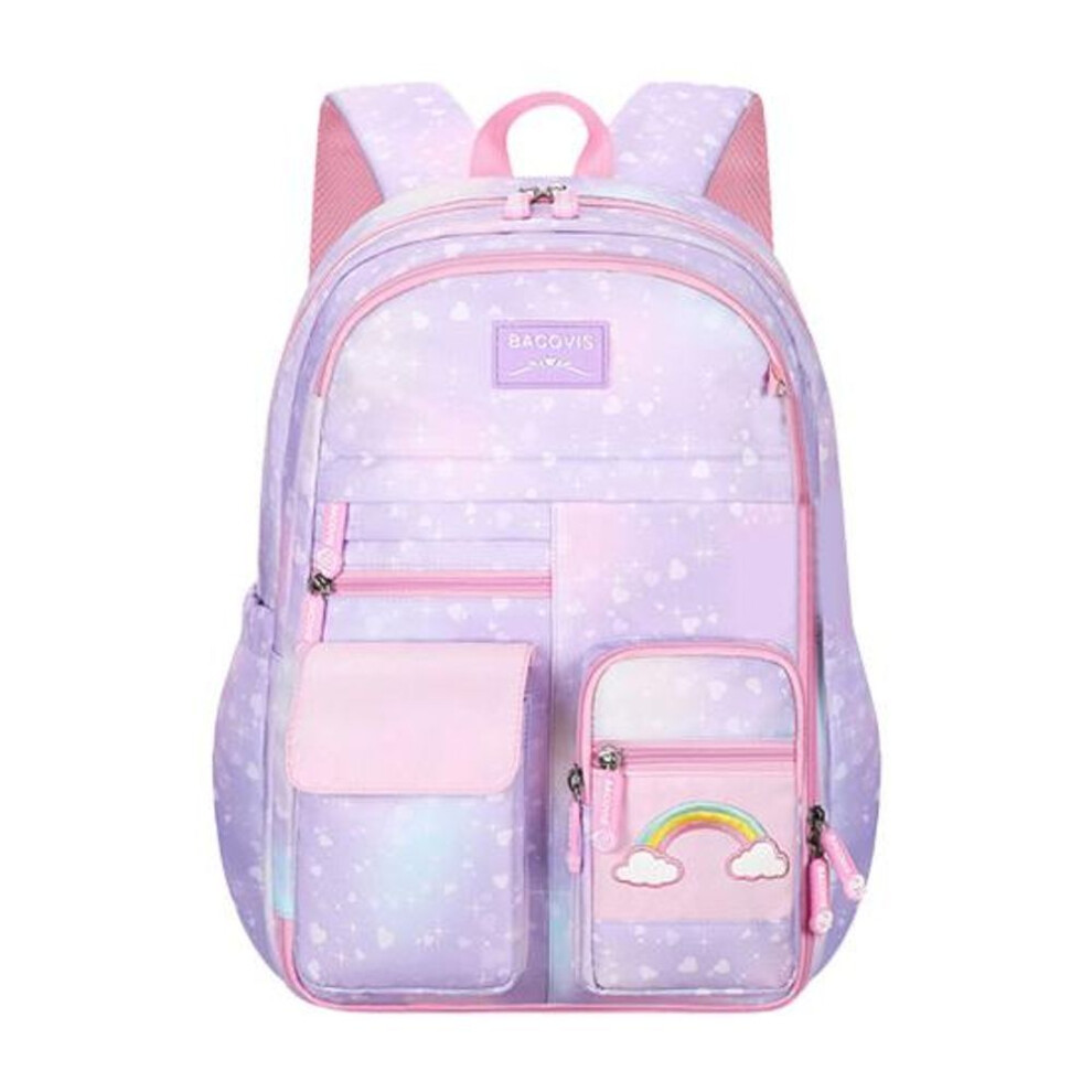 (purple, S) Girls Backpack Rainbow Students Schoolbag Large Capacity 180 Degree Opening Classification Storage Multi Pockets Kindergarten Elementary Middle