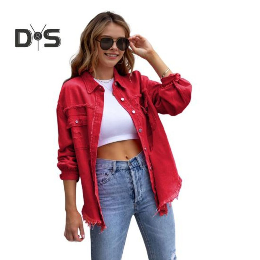 (red, 2XL) Women Denim Jacket Retro Single-breasted Ripped Hole Turn-down Collar Long Sleeves Solid Color Flap Pockets Lady Coat Commuting Shopping Coat