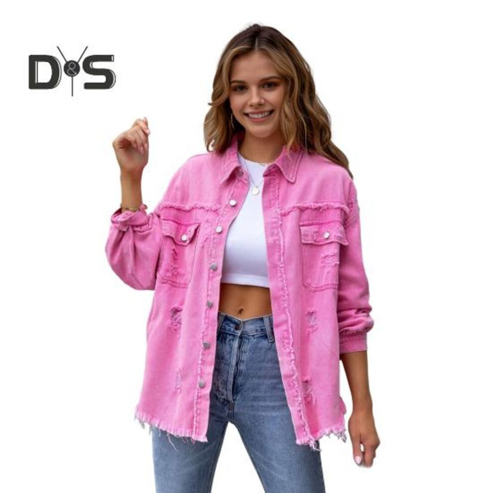 (pink, S) Women Denim Jacket Retro Single-breasted Ripped Hole Turn-down Collar Long Sleeves Solid Color Flap Pockets Lady Coat Commuting Shopping Coat