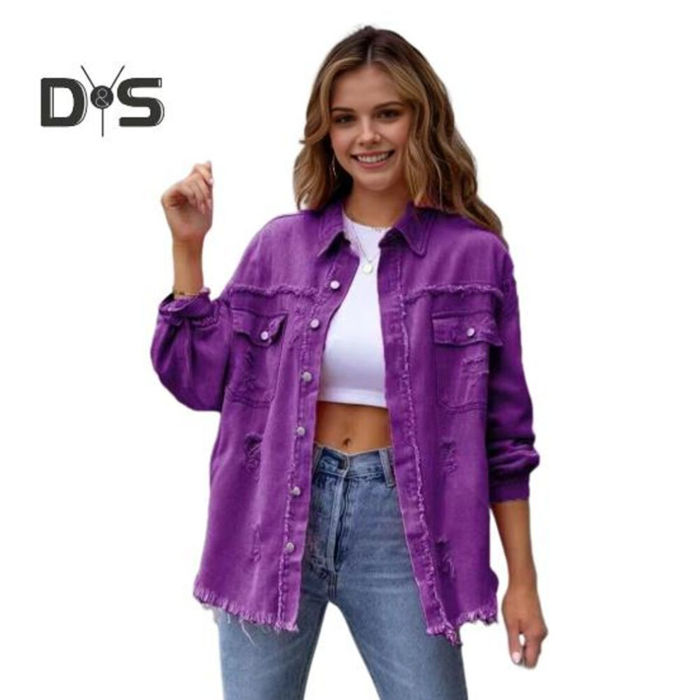 (purple, S) Women Denim Jacket Retro Single-breasted Ripped Hole Turn-down Collar Long Sleeves Solid Color Flap Pockets Lady Coat Commuting Shopping Coat