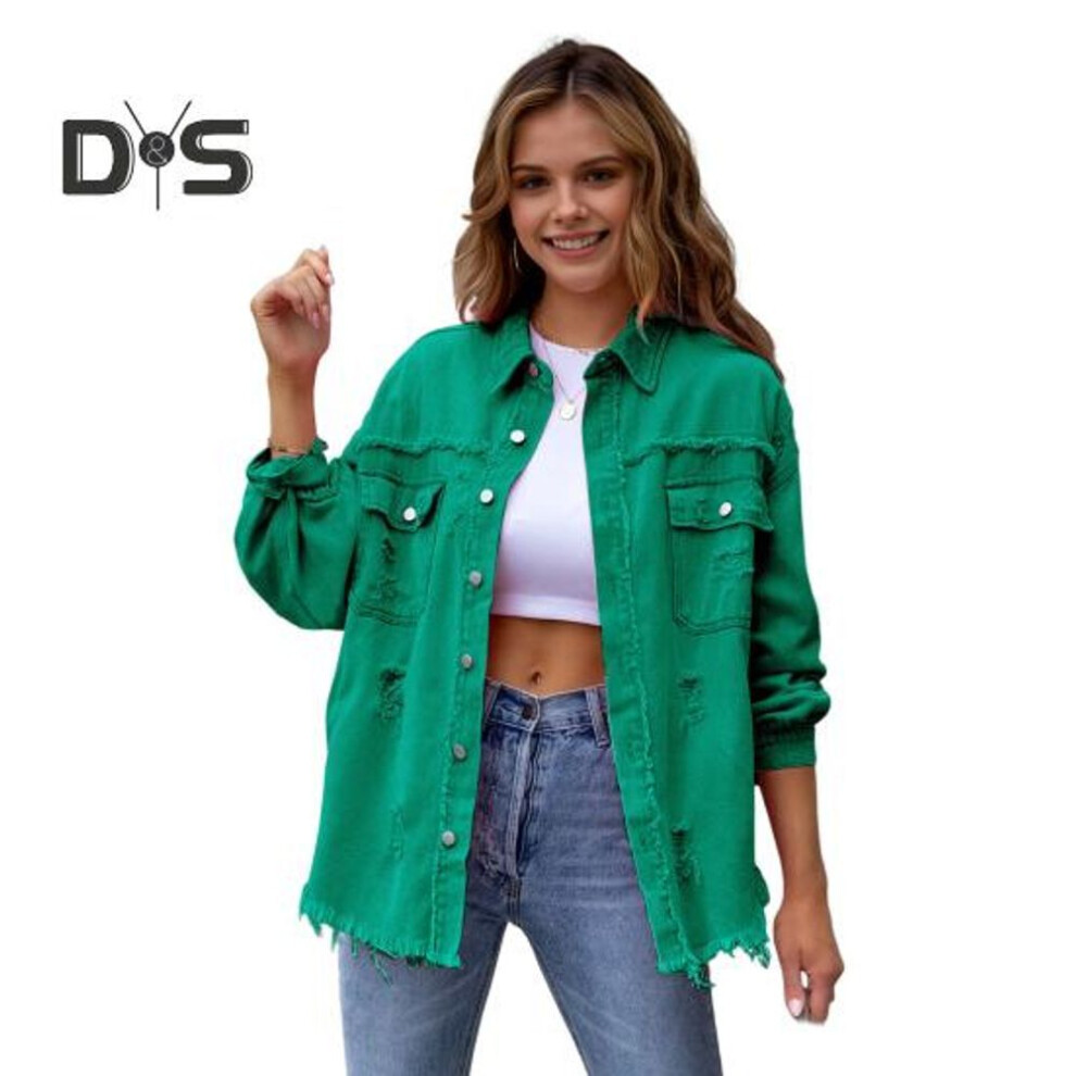 (green, 2XL) Women Denim Jacket Retro Single-breasted Ripped Hole Turn-down Collar Long Sleeves Solid Color Flap Pockets Lady Coat Commuting Shopping Coat