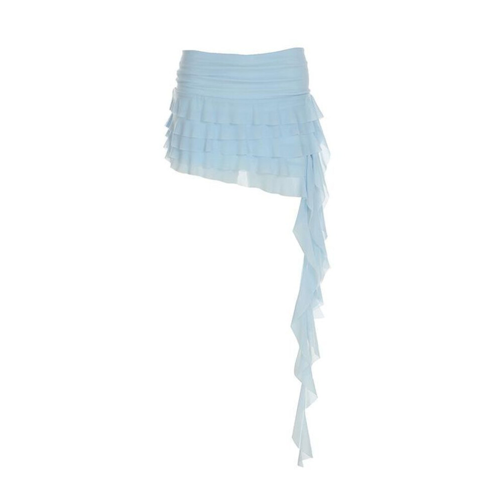 (S, light blue) Women's Holiday Flounces Irregular Gauze Multi Layer Temperament Low Waist All Match Sexy Skirt