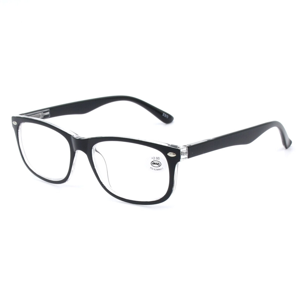 (Black, +3.0) Mens Womens Reading Glasses Spring Hinges Readers Rectangular Plastic +1.0~+3.5