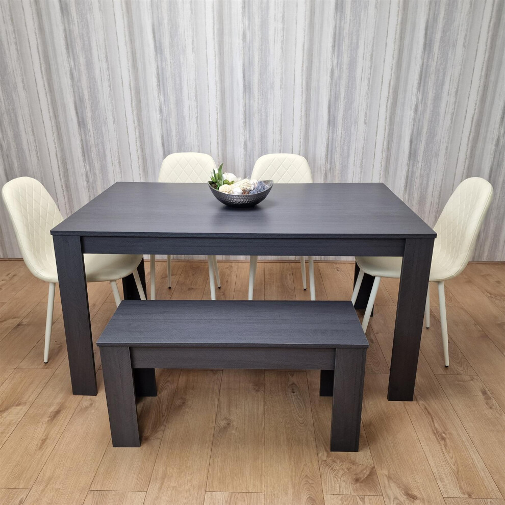 Dining Table and 4 Chairs With Bench  Black Dark Grey 4 Leather Cream Chairs Wooden Bench Wood Dining Set Furniture