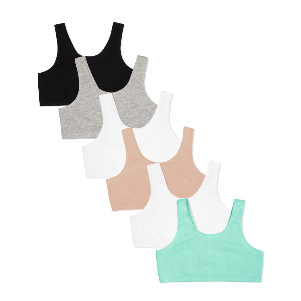 Fruit of the Loom Girls' Multi Cotton Built-Up Stretch Sports Bra Available in 6 Packs  White/Black/Mint/Black/White/Grey  32