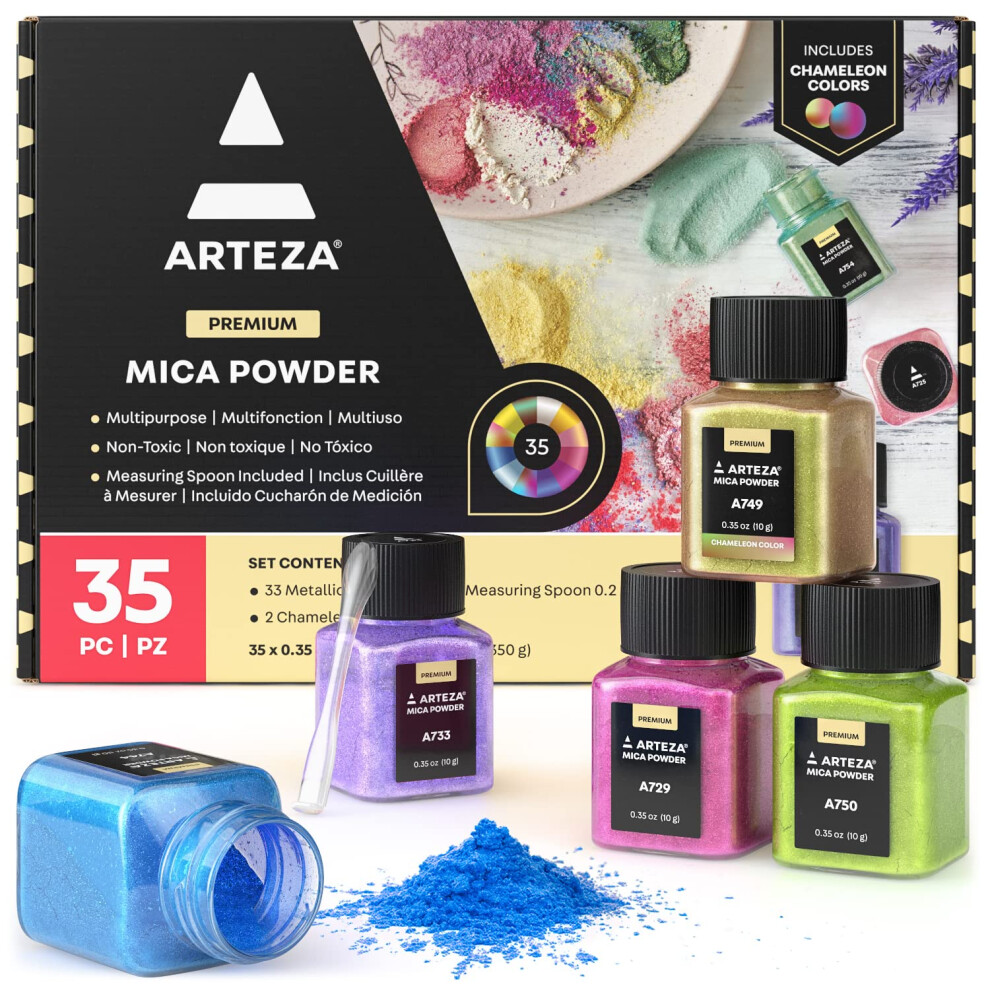 ARTEZA Micapoeder voor epoxyhars, set van 35 verschillende kleuren, flessen van 0,35 oz, micapoeder voor het maken van kaarsen en doe-het-zelf-kn