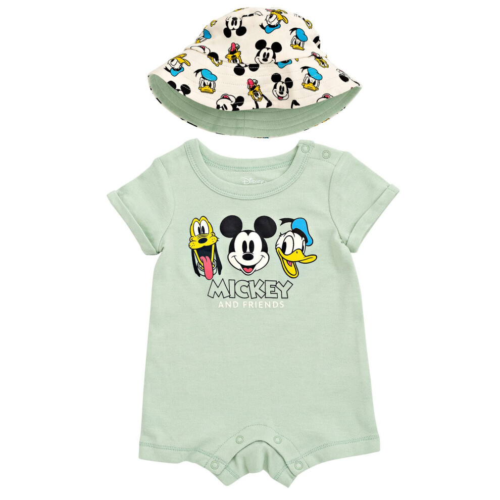 Disney Mickey Mouse Donald Duck Pluto Newborn Baby Boys Romper And Hat 6-9 Months Green
