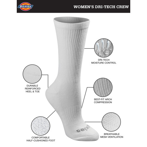 Dickies Dickies Women's Dri-Tech Essential Moisture Control Crew Socks  Available in S-XL (6  12  White Solid (6 Pairs)  Medium 1