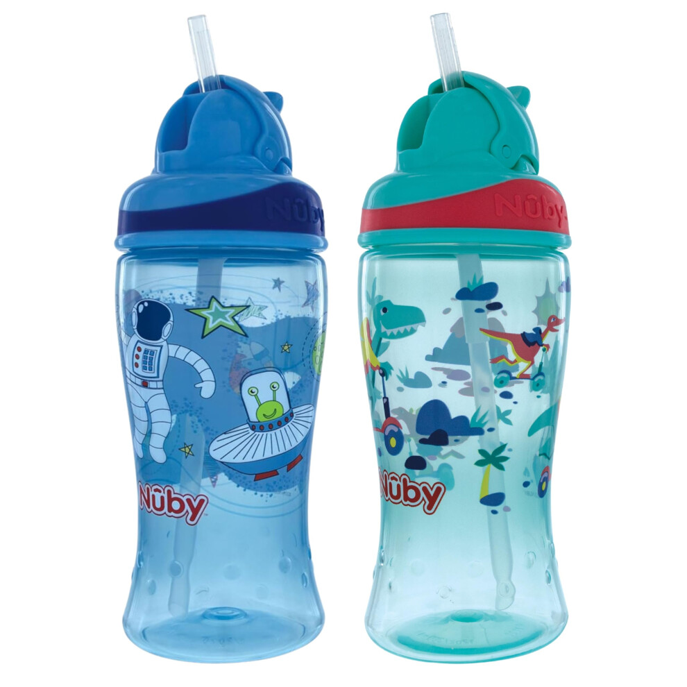 Nuby 2-Pack Thirsty Kids No-Spill Flip-it Printed Boost Cup with Thin Soft Straw - 12oz  18+ Months  2-Pack  Blue Astronaut & Aqua Mountain