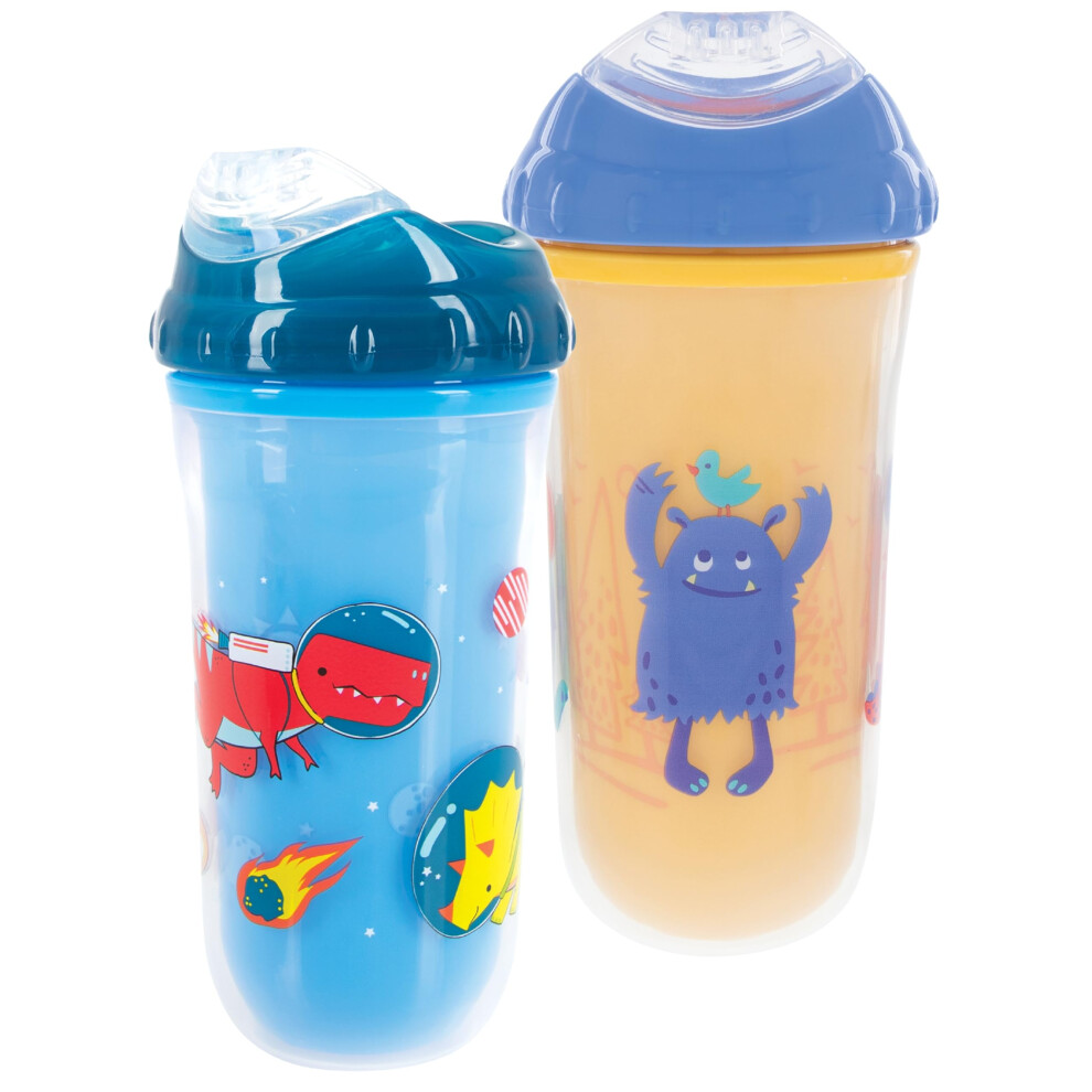 Nuby No Spill Insulated Cool Sipper Transition Cup with Soft Slicone Rim Spout | 9 oz/ 270 ml | 2 Pack Printed: Blue Dinosaurs & Yellow Friendly Monst
