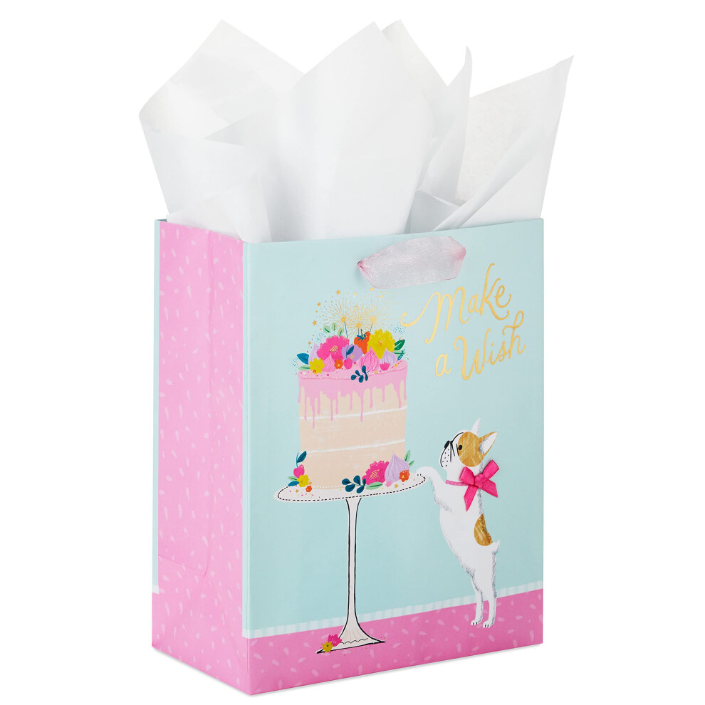 Sac cadeau d'anniversaire Hallmark de taille moyenne (9 pouces) avec papier de soie (g   teau       Make a Wish       et chiot carlin)