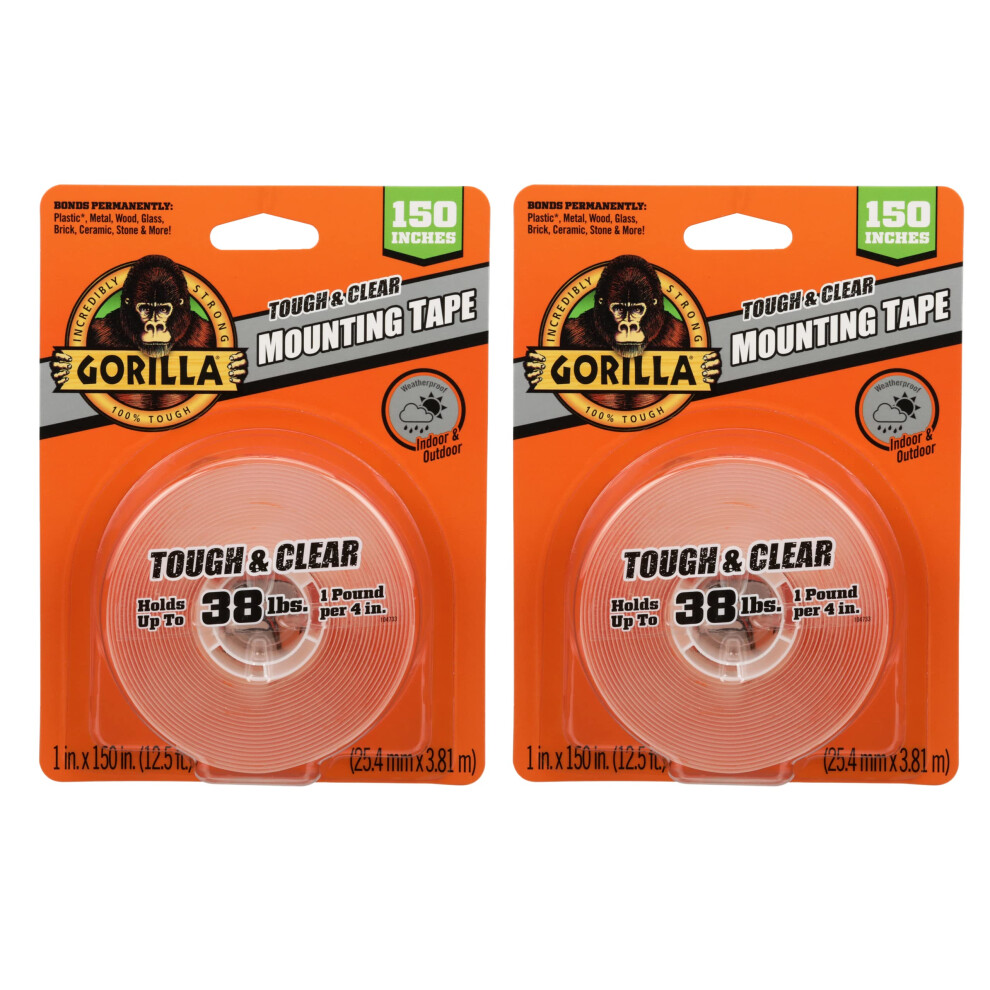 Gorilla Tough & Clear Double Sided Adhesive Mounting Tape; Extra Large; 1"" x 150""; Clear; (Pack of 2)