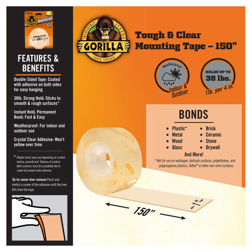 Gorilla Gorilla Extra Large doppelseitiges Montageband; 1" x 150"; klar; (Packung mit 2) 1