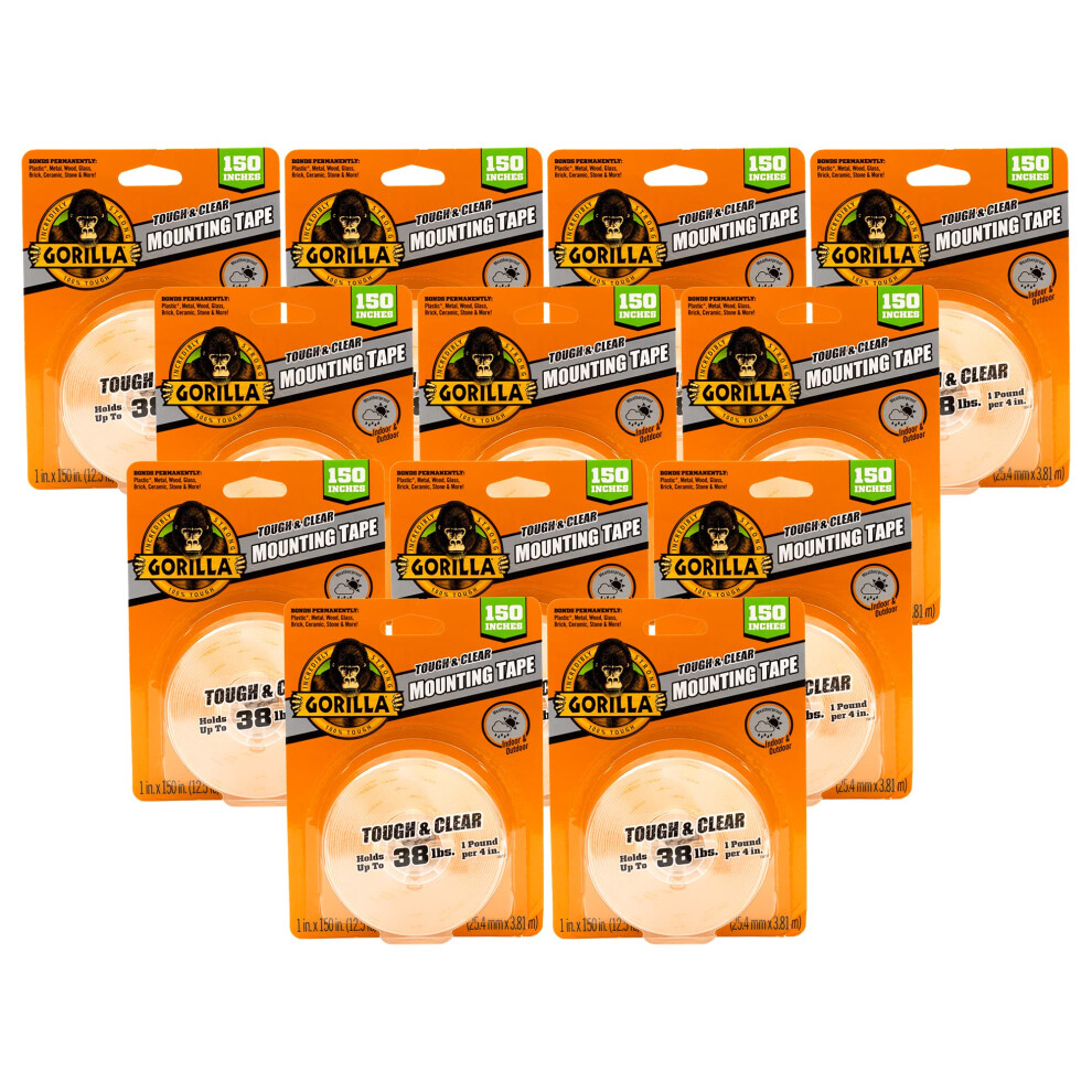 Gorilla Tough & Clear Double Sided Adhesive Mounting Tape  Extra Large  1"" x 150""  Clear  (Pack of 12)