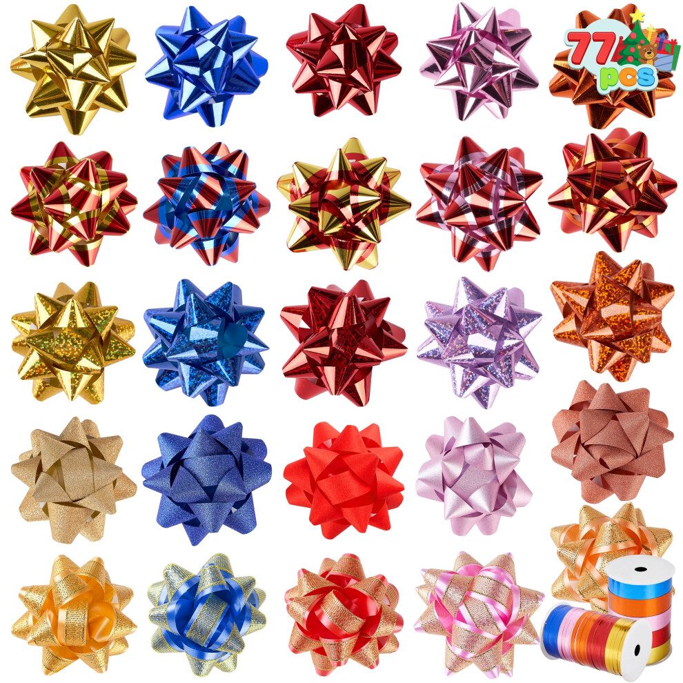 JOYIN 75PCS Christmas Bows Assortment with 2 Rolls of Ribbons  3 inch Multi-Colored Self Adhesive Gift Bows and Curling Ribbons for Gift Wrapping  Bir