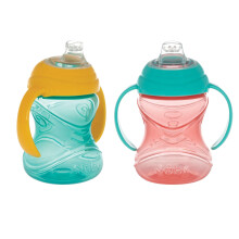 Nuby Clik-It Soft hubicka No-Spill Training Sippy Cup with Hands (2-pack) 10 oz 4+ Mesce Aqua/Cerven/oranov