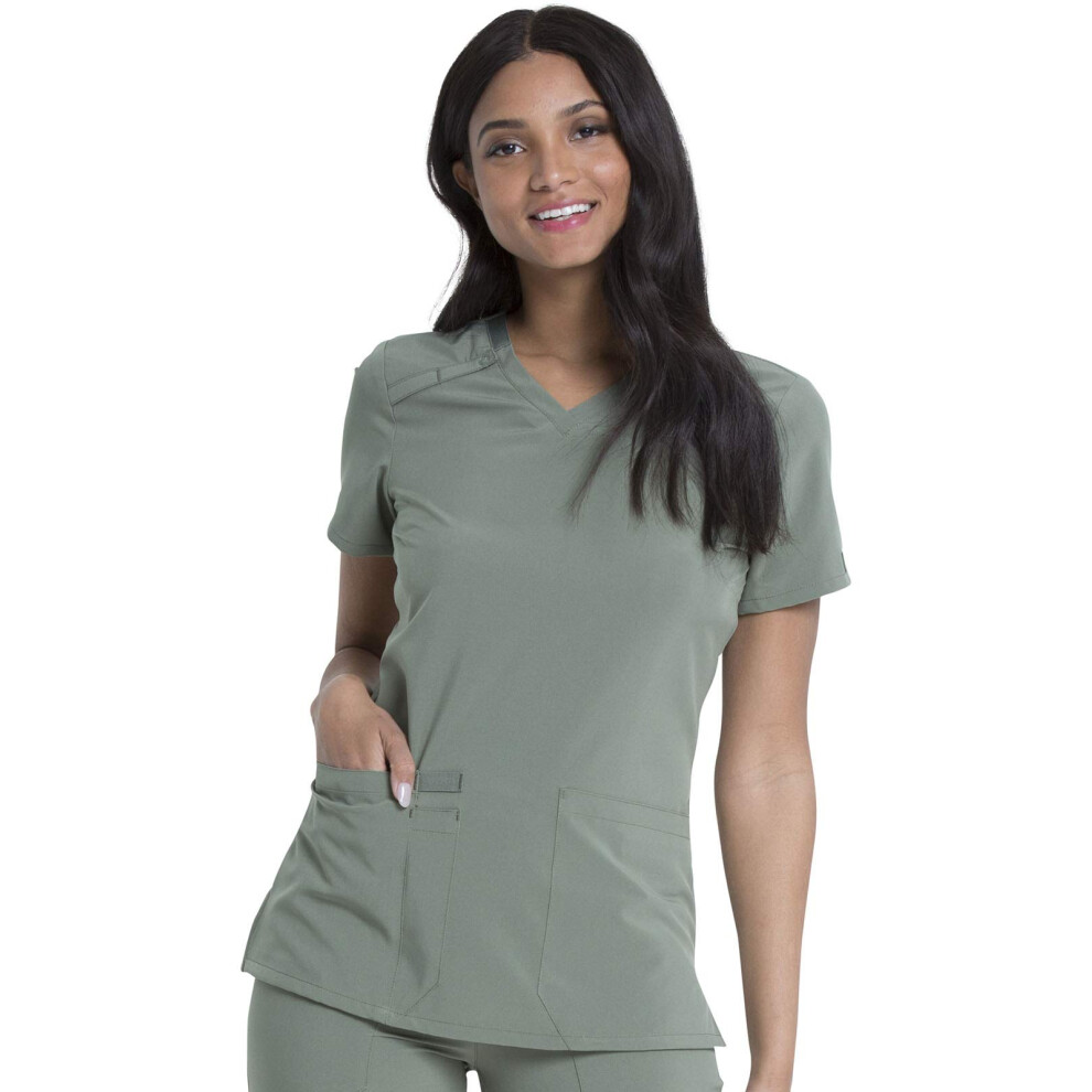 Dickies EDS Essentials Scrubs  V-Neck Womens Tops with Four-Way Stretch and Moisture Wicking DK615  XS  Olive