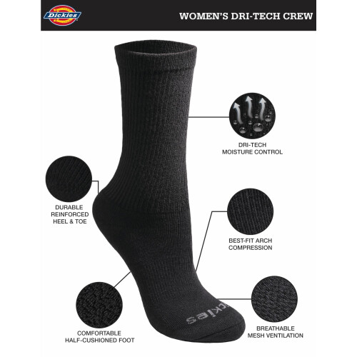 Dickies Dickies Women's Dri-Tech Essential Moisture Control Crew Socks  Available in S-XL (6  Black Solid (12 Pairs)  Medium 1