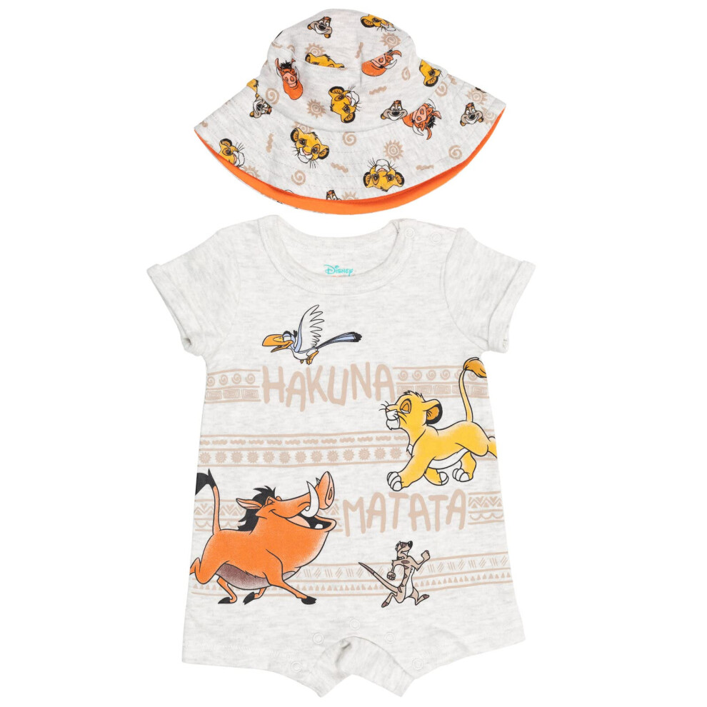 Disney Lion King Simba Timon Pumbaa Newborn Baby Boys Romper and Bucket Sun Hat Gray Newborn