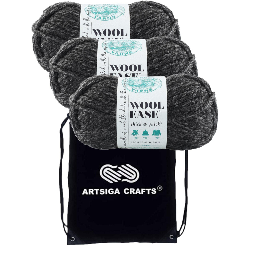 Lion Brand Wool Ease Thick & Quick Charcoal 640-149 (3-Skeins - Same Dye Lot) #6 S Bulky Acrylic-Wool Yarn for Crocheting and Knitting with Project Ba