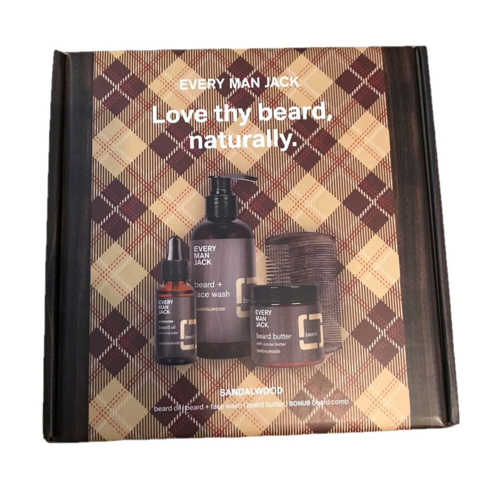 Every Man Jack Mens Sandalwood Beard Kit - Perfect for Every Guy - Includes Four Full-Sized Grooming Essentials - Beard + Face Wash Beard Oil Beard