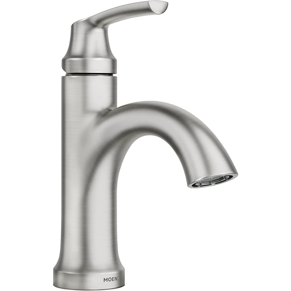 Robinet de salle de bain Moen Wellton à poignée unique, nickel brossé, résistant aux taches, robinet de lavabo à un trou avec plaque de pont et e