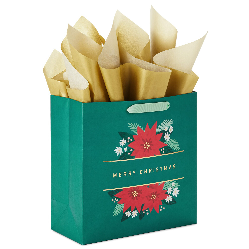 Sac cadeau de Noël carré Hallmark Signature 10" avec papier de soie (vert émeraude avec poinsettias dorés Joyeux Noël) pour femme, petite amie, m