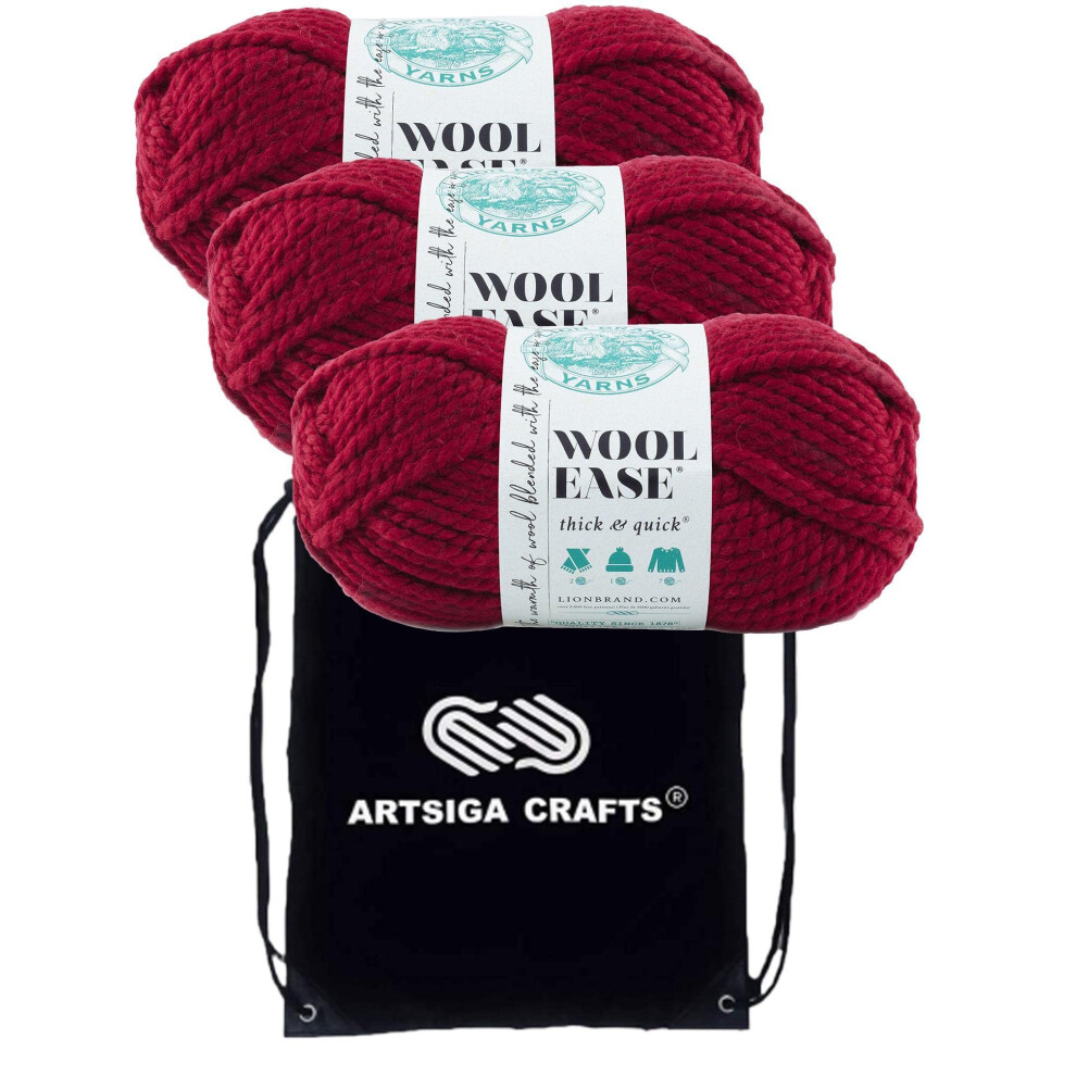 Lion Brand Wool Ease Thick & Quick Cranberry 640-138 (3-Skeins - Same Dye Lot) #6 S Bulky Acrylic-Wool Yarn for Crocheting and Knitting with Project B