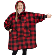 PAVILIA Draagbare Dekbed Sweatshirt voor Kinderen Ruit Zwart Rood, Warme Cozy Oversized Hoodie