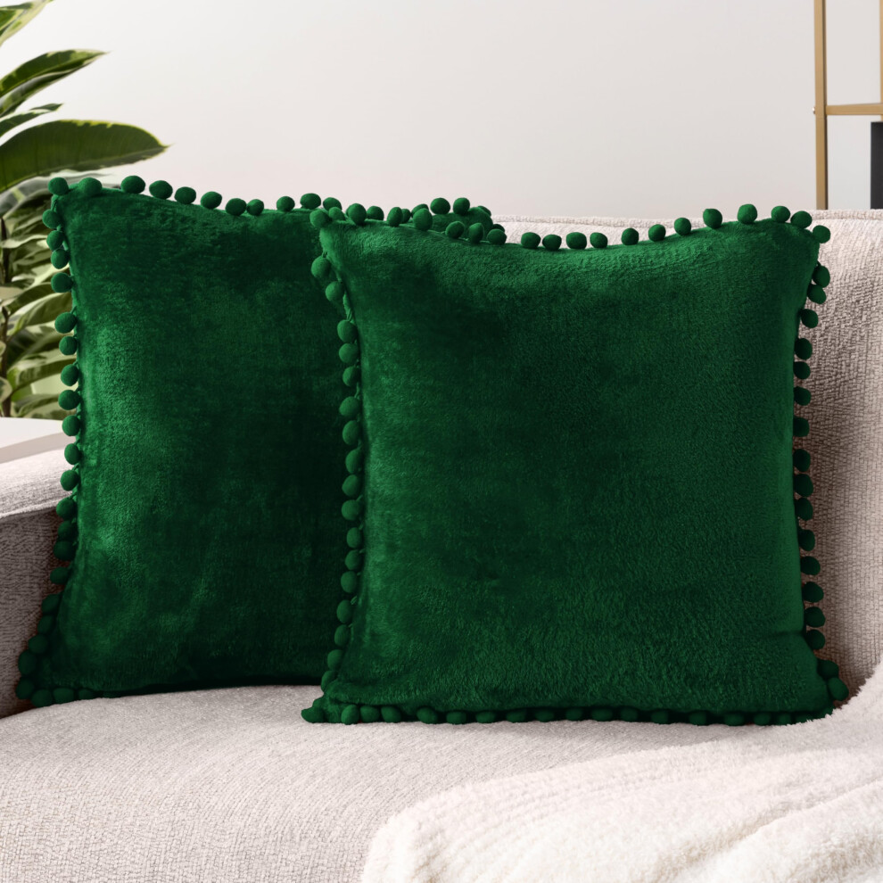 PAVILIA Housses de coussin vert émeraude avec pompon 20x20 Lot de 2 taies d'oreiller décoratives pour chambre à coucher Ensemble de petits coussi