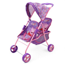 Peppa Pig: Zwillingspuppenwagen - Lila, Pink, Blumen - Für 2 Puppen bis 18", Faltbar, Verstellbare Sitze