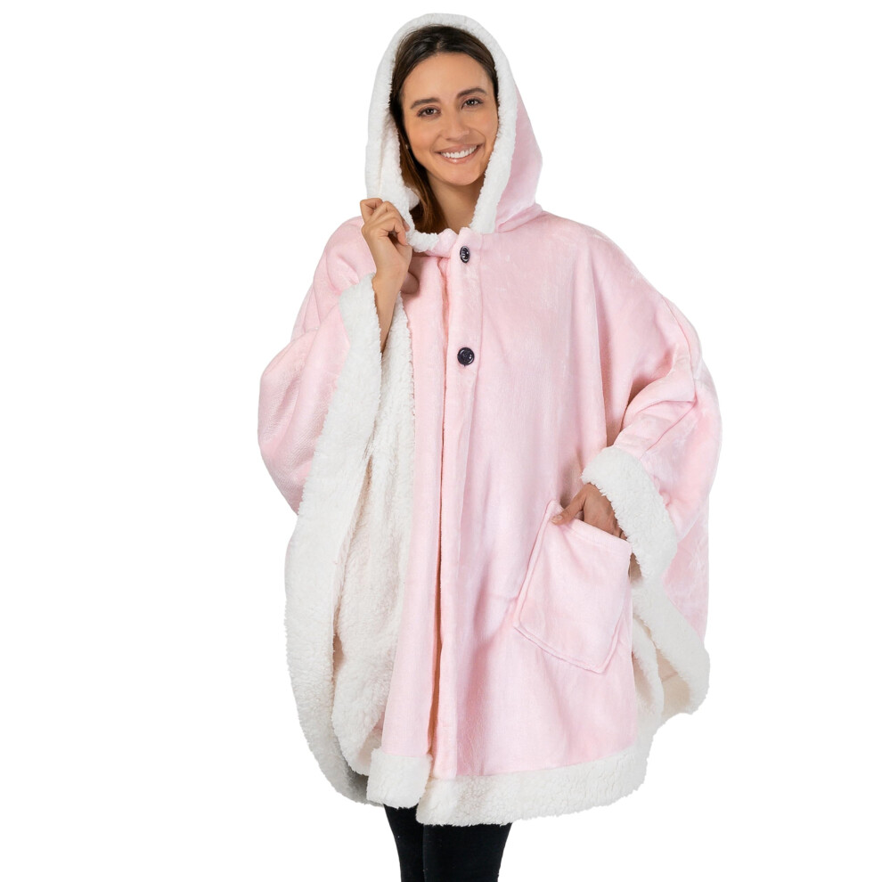 Pavilia Coperta Indossabile In Pile Sherpa, Per Donne Adulte, Comoda Coperta In Peluche A Poncho Con Cappuccio, Scialle Super Morbida, Per Ufficio, Rosa Chiaro-image